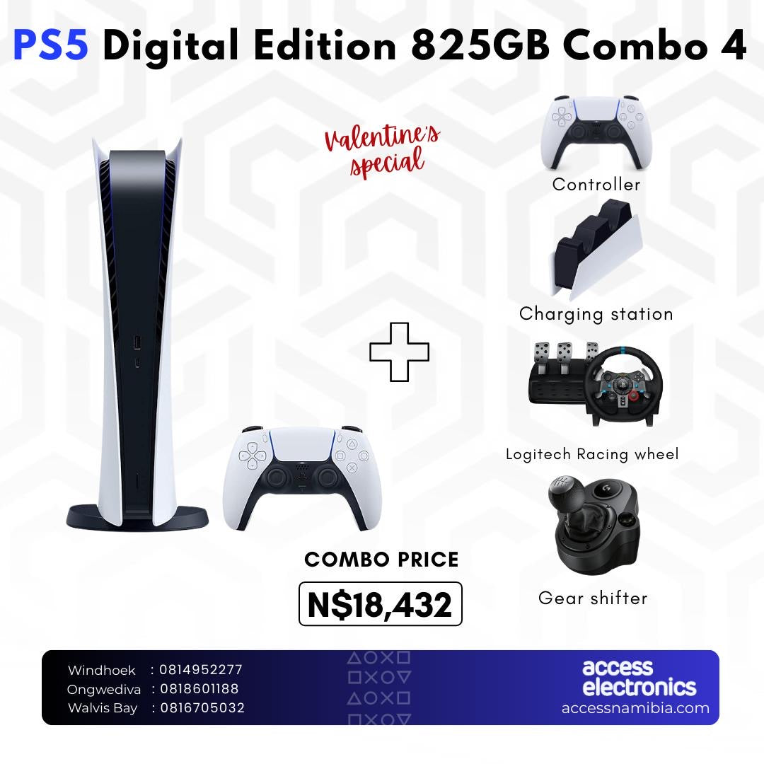 (Combo 4) Playstation 5 Digital Edition + Extra Controller + Playstation 5 Charging Station + G29 Racing Wheel + Logitech Gear Shifter