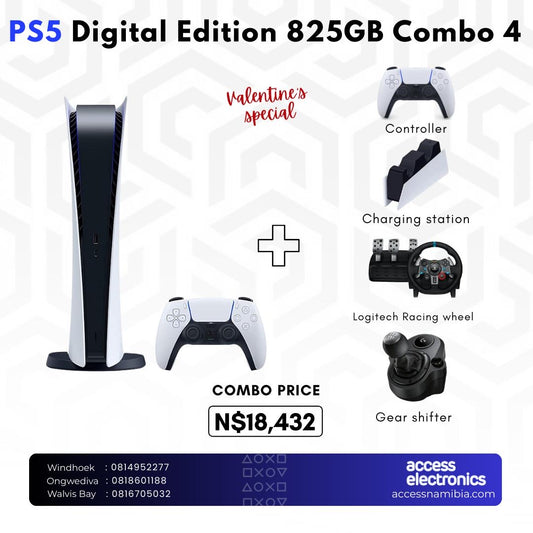 (Combo 4) Playstation 5 Digital Edition + Extra Controller + Playstation 5 Charging Station + G29 Racing Wheel + Logitech Gear Shifter