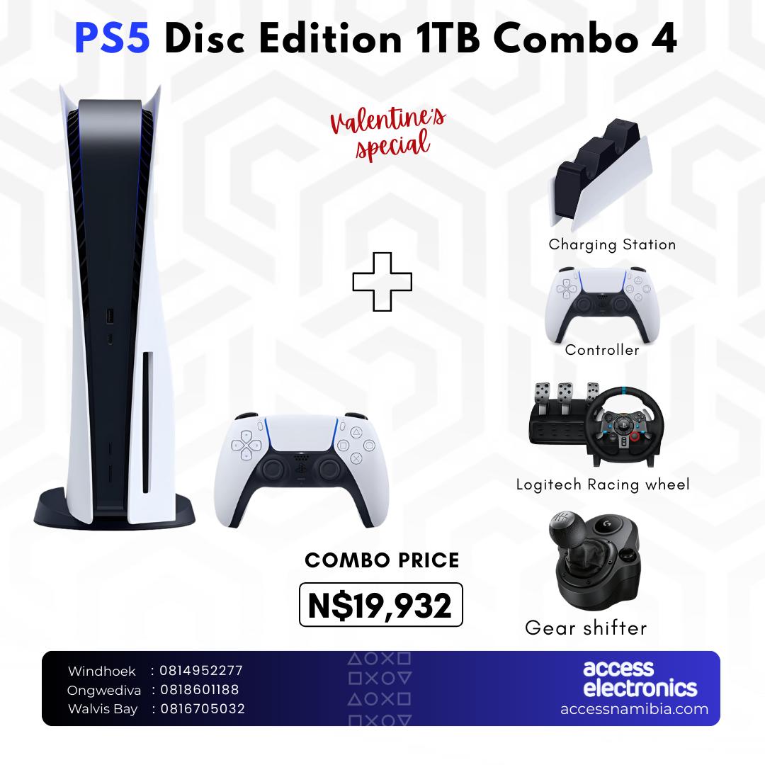 (Combo 4) Playstation 5 Disc Edition 1TB + Controller + Charging Station + Logitech Racing Wheel + Gear Shifter