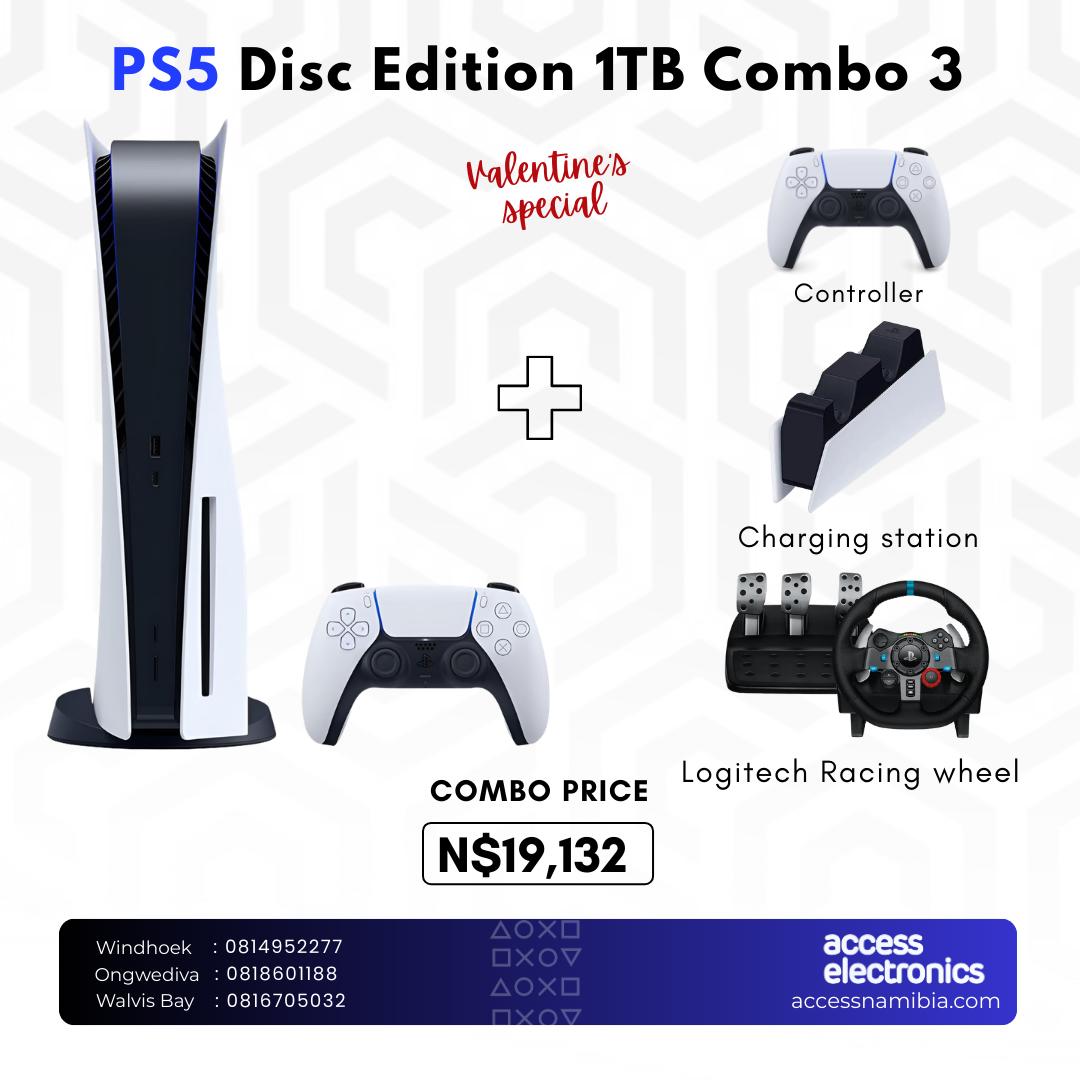 (Combo 3) Playstation 5 Disc Edition 1TB + Controller + Charging Station + Logitech Racing Wheel