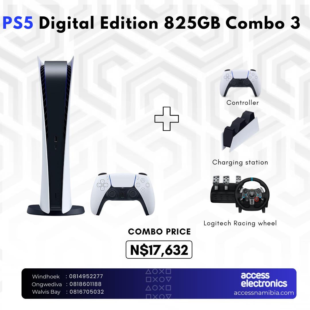 (Combo 3) Playstation 5 Digital Edition + Extra Controller + Playstation 5 Charging Station + G29 Racing Wheel